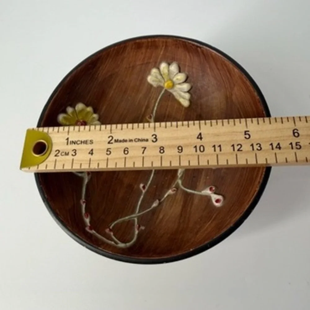 Vintage Hand Painted Italian Ceramic Footed Bowl‎ Daisy Flowers Brown